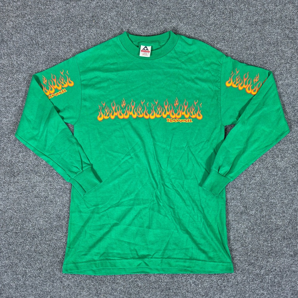 Y2K Alstyle Hawaii Flame Sleeves Graphic Long Sleeve T-Shirt Green Mens Medium